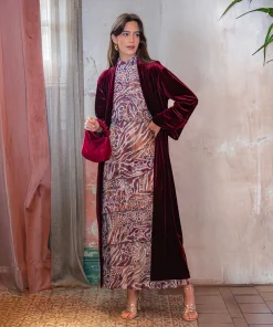 Kimono largo terciopelo burdeos